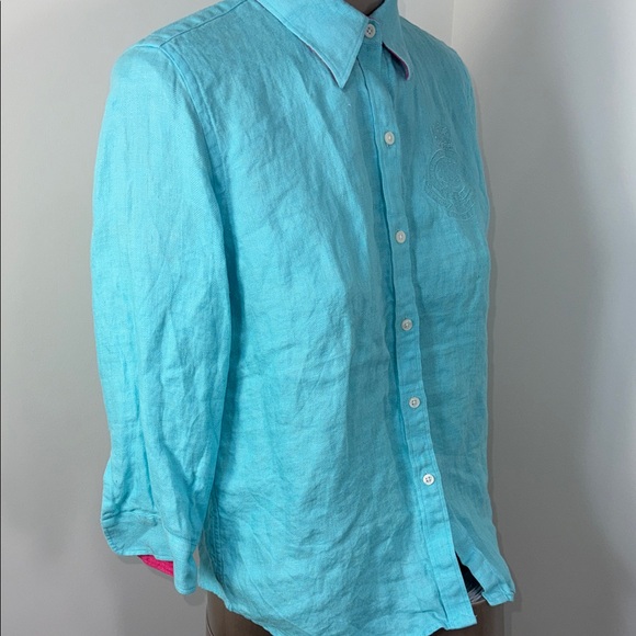Ralph Lauren Petite Linen Teal Light Blue Button-Up Shirt - Picture 6 of 7